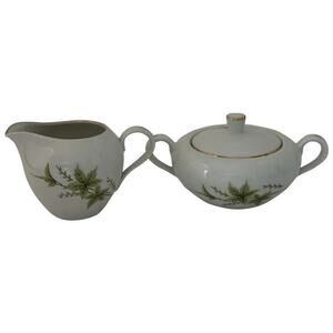FINE CHINA OF JAPAN, Creamer & Sugar Bowl w/Lid, White with Pink, Green & Brown